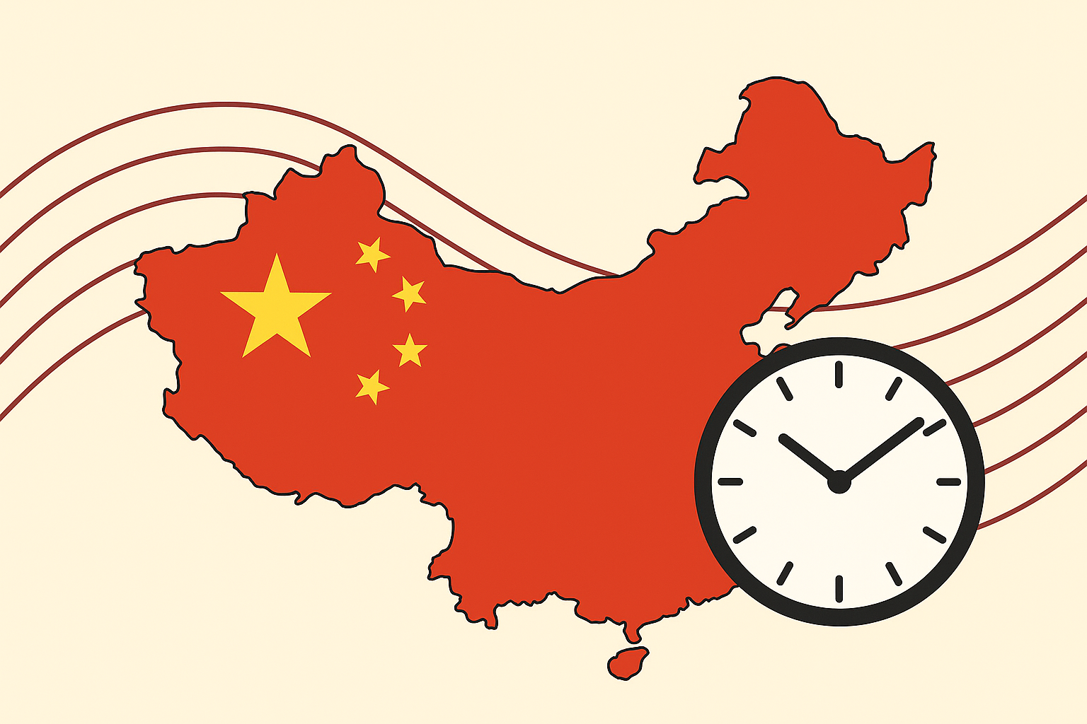Relógio sobreposto a um mapa da China