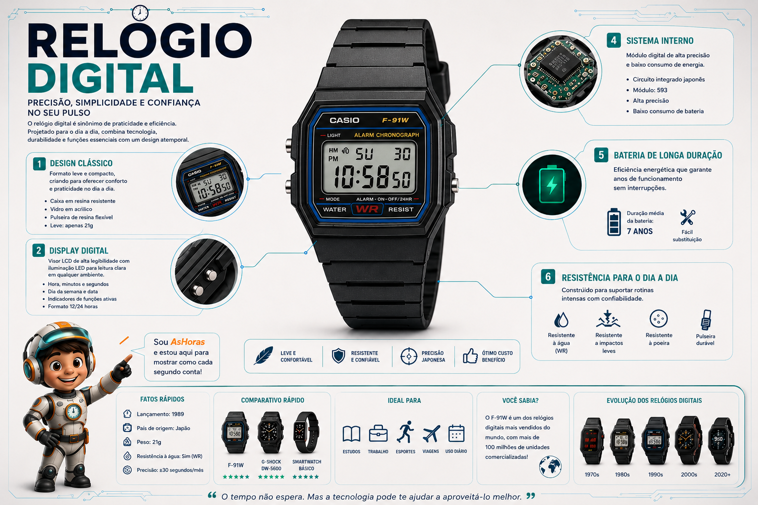 Infográfico do relógio digital mostrando design clássico, display digital, sistema interno, bateria de longa duração, resistência para o dia a dia, comparativo de modelos e evolução dos relógios digitais