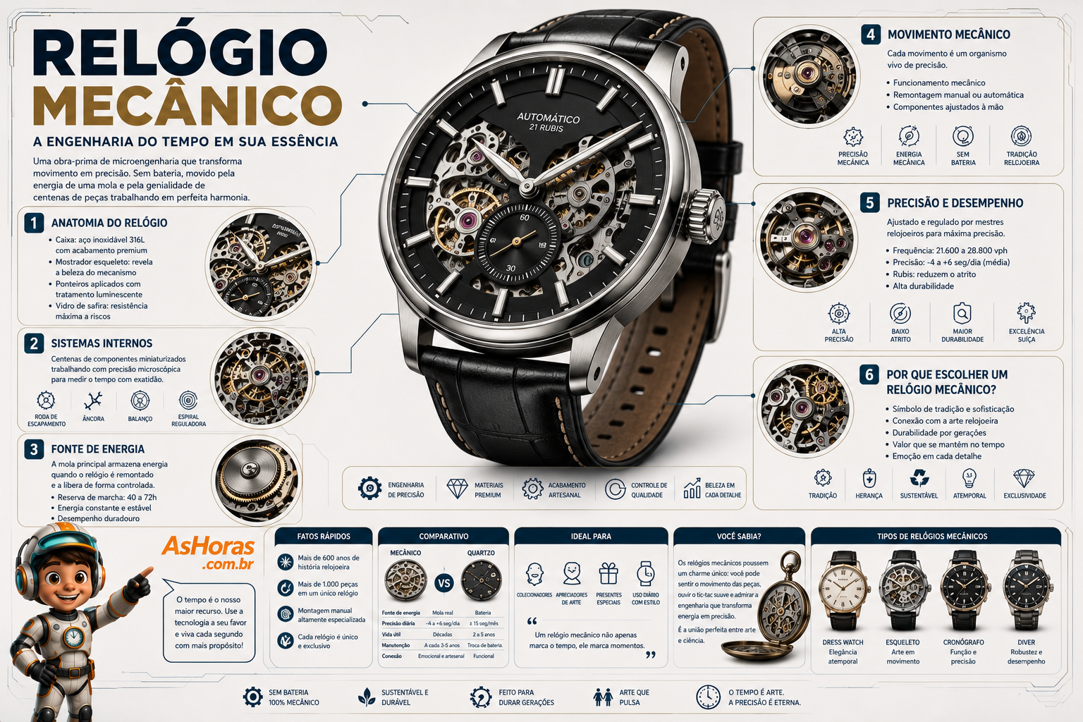 Infográfico do relógio mecânico automático mostrando anatomia da caixa, sistemas internos (roda de escapamento, âncora, balanço, espiral reguladora), fonte de energia, movimento mecânico, precisão e desempenho, comparativo com o quartzo e tipos de relógios mecânicos