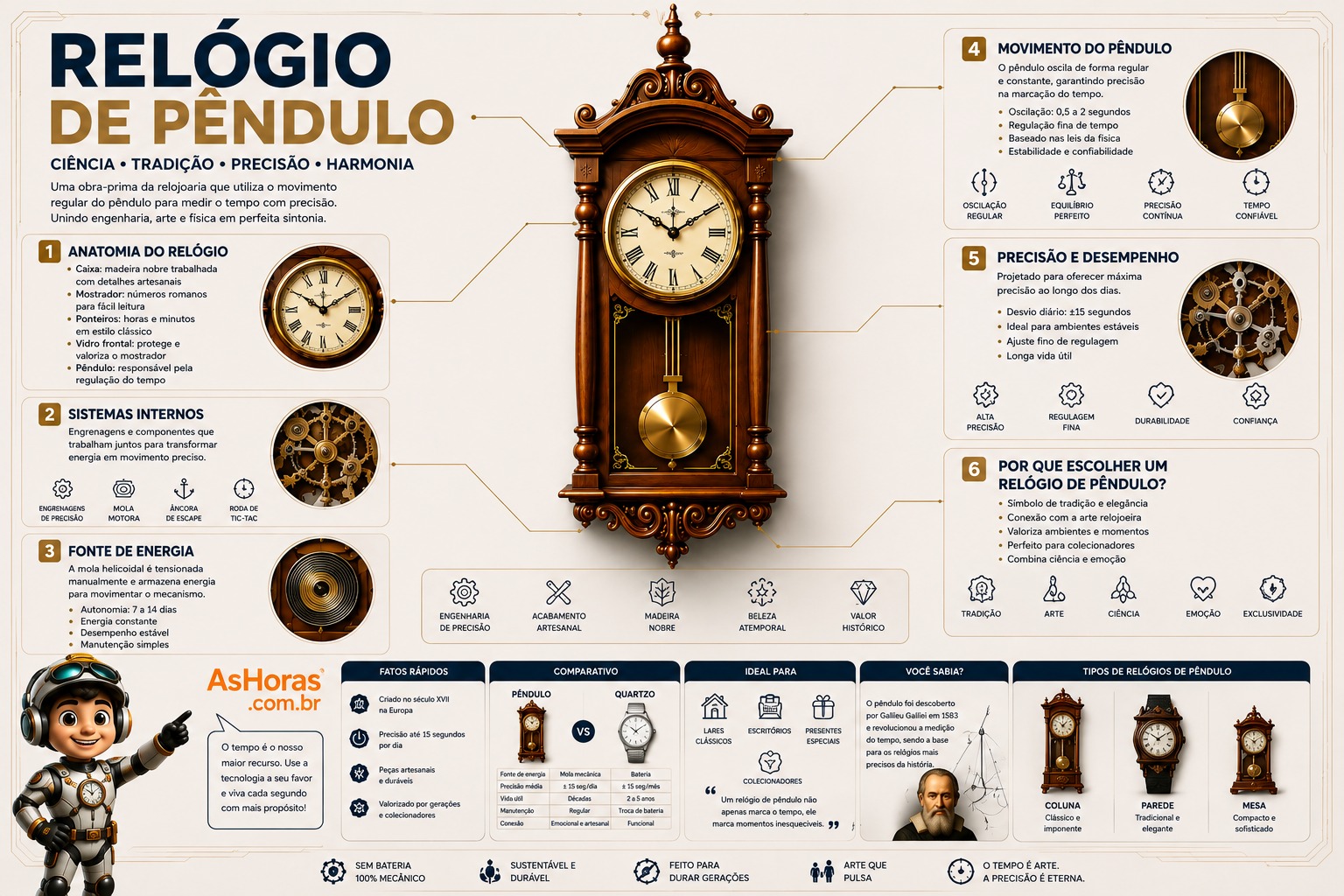Infográfico mostrando os componentes internos de um relógio de pêndulo: pêndulo, escapamento de âncora, peso motriz, trem de engrenagens, mostrador e caixa de madeira