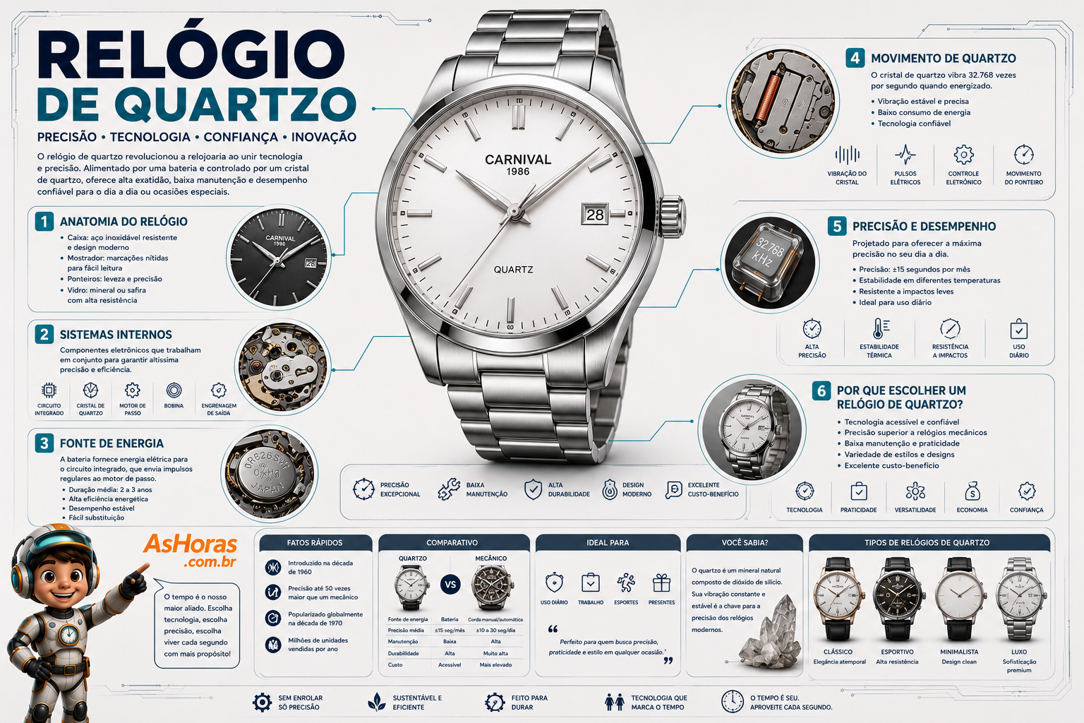 Infográfico do relógio de quartzo mostrando anatomia da caixa, sistemas internos (circuito integrado, cristal de quartzo, motor de passo, bobina, engrenagem de saída), fonte de energia, movimento de quartzo, precisão e desempenho, comparativo com o mecânico e tipos de relógios de quartzo