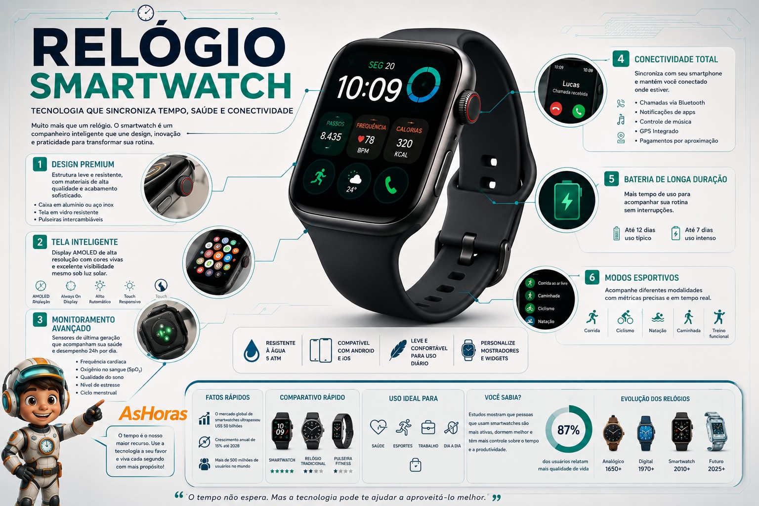 Infográfico 3D mostrando os componentes internos de um smartwatch: pulseira, cristal de safira, tela OLED touch, módulo de tela, caixa de alumínio, placa-mãe, bateria, sensores, motor háptico e base traseira
